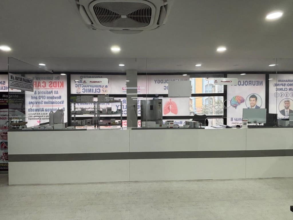 Mayur Pharmacy counter inside Magenta Super Speciality Clinics